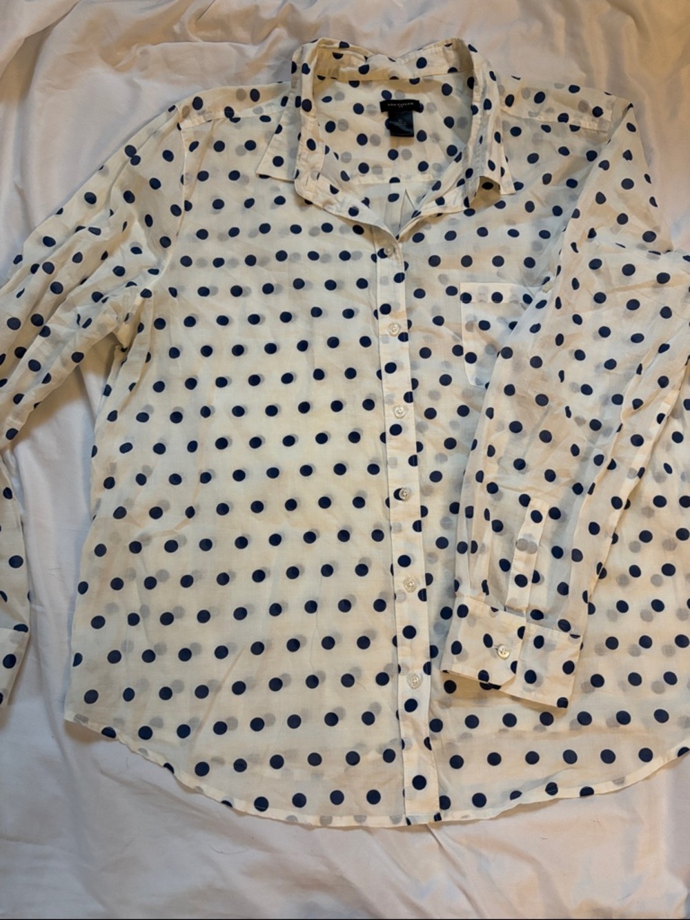 Ann Taylor White Button-Up Blouse with Navy Polka Dots